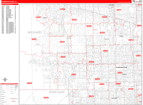 Pembroke Pines City Wall Map Red Line Style